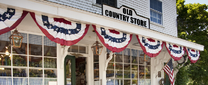white country store sporting american flags consumer info